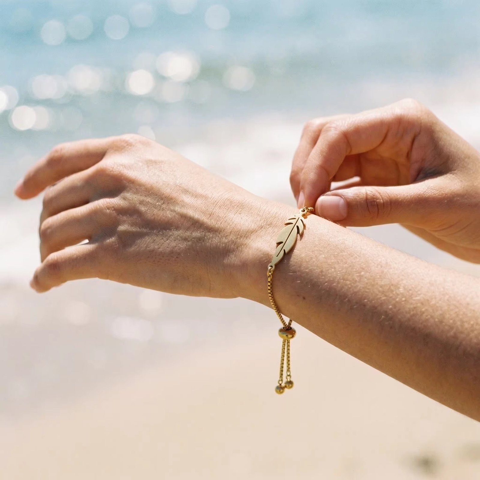 Bohemian Gold Feather Adjustable Bolo Bracelet - Image 2