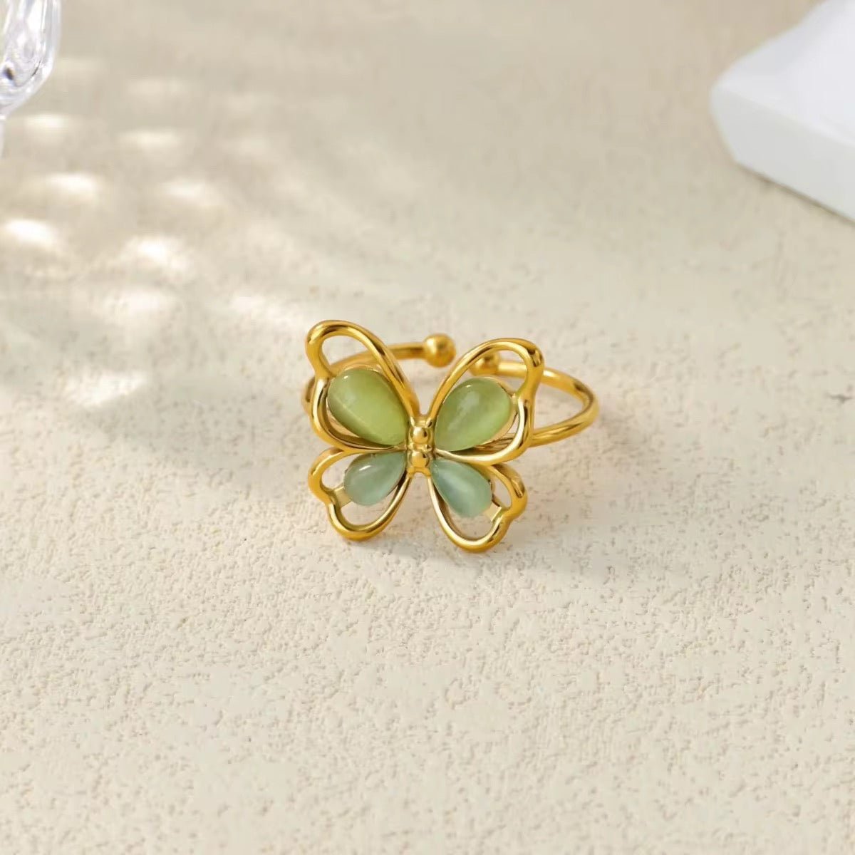 18K Gold Plated Green Butterfly Adjustable Ring - Image 3