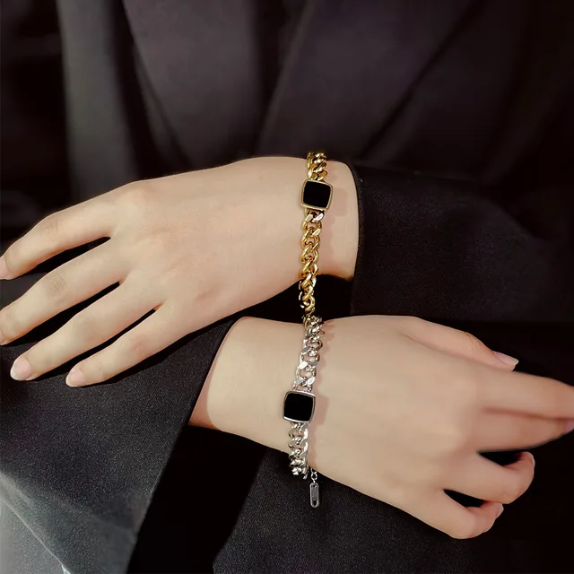 Black Stone Studded Heavy Cuben Gold Plated Chained Bracelet - Image 4