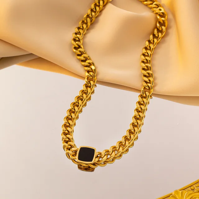 Black Stone Studded Heavy Cuben Gold Plated Chained Necklace - Image 2