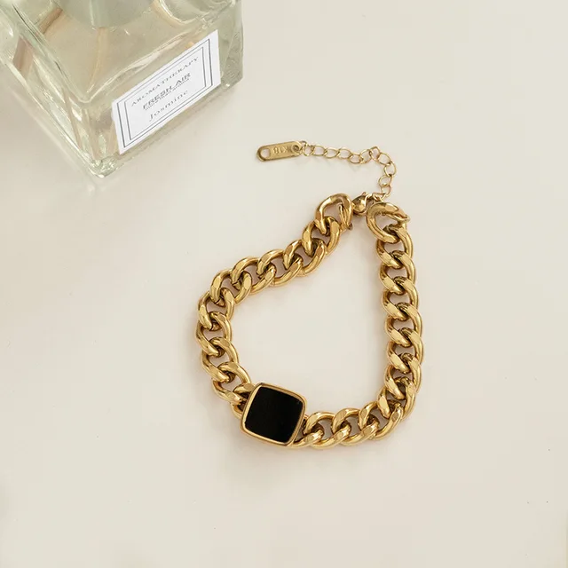 Black Stone Studded Heavy Cuben Gold Plated Chained Bracelet - Image 2