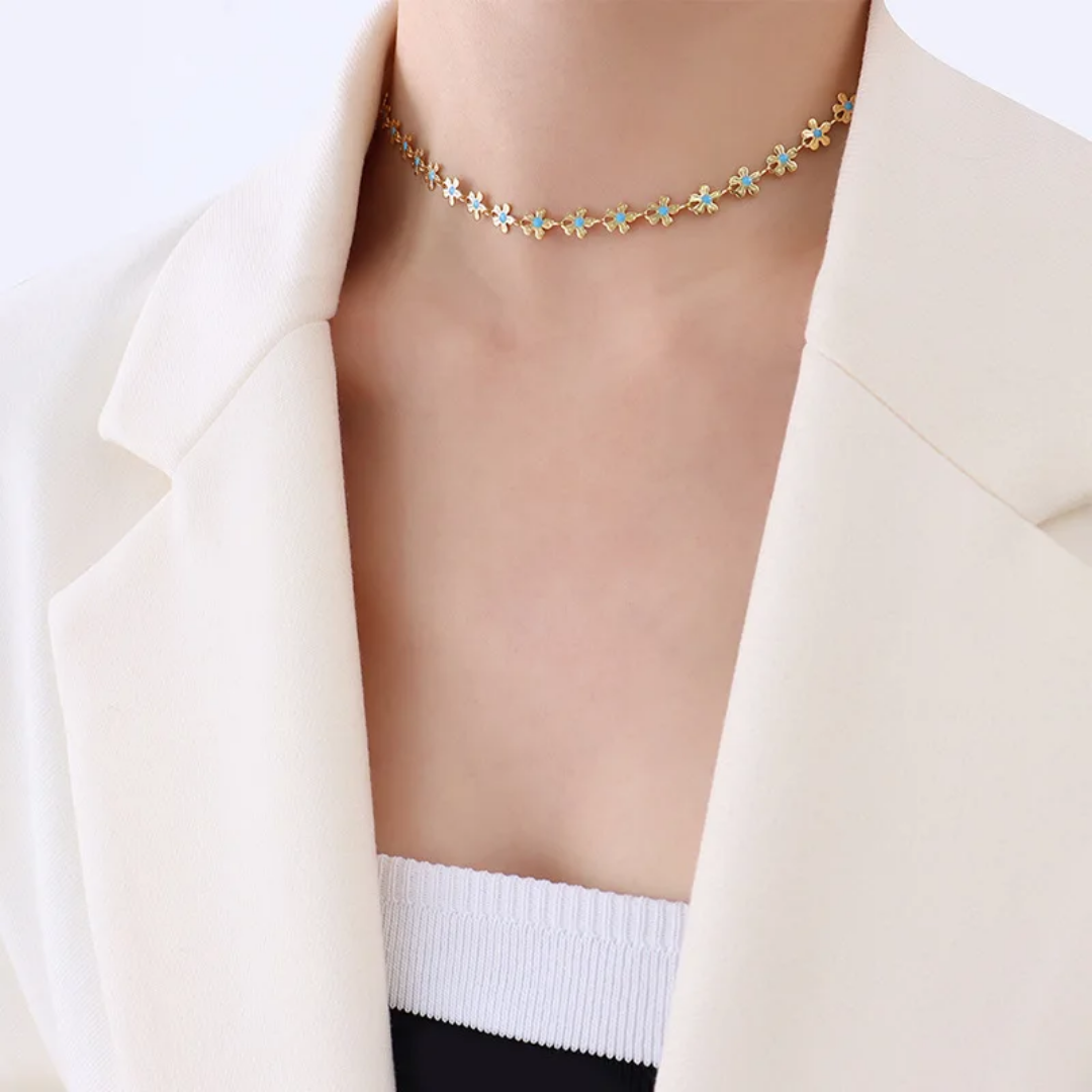 Stainless Steel Gold Flower Necklace with Light Blue Enamel - Image 4