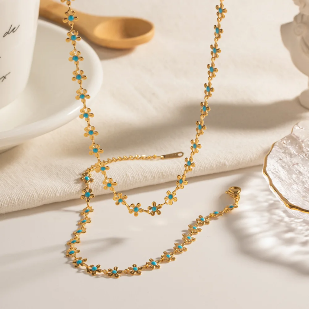 Stainless Steel Gold Flower Necklace with Light Blue Enamel