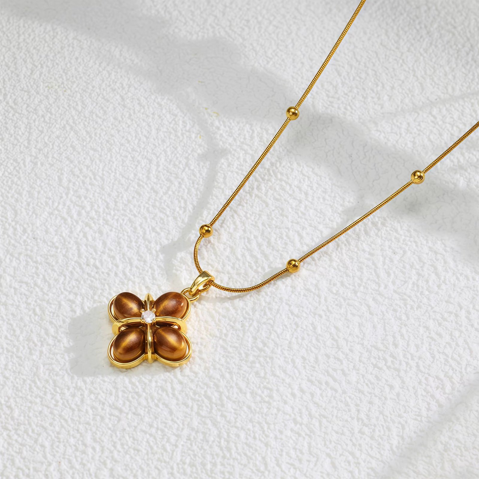 Gold Tone Brown Flower Pendant Necklace - Image 3