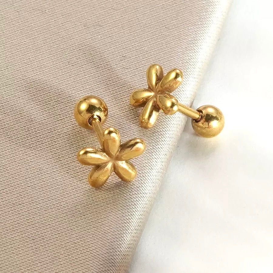 Gleaming Five-Petal Flower Gold Stud Earrings - Image 2