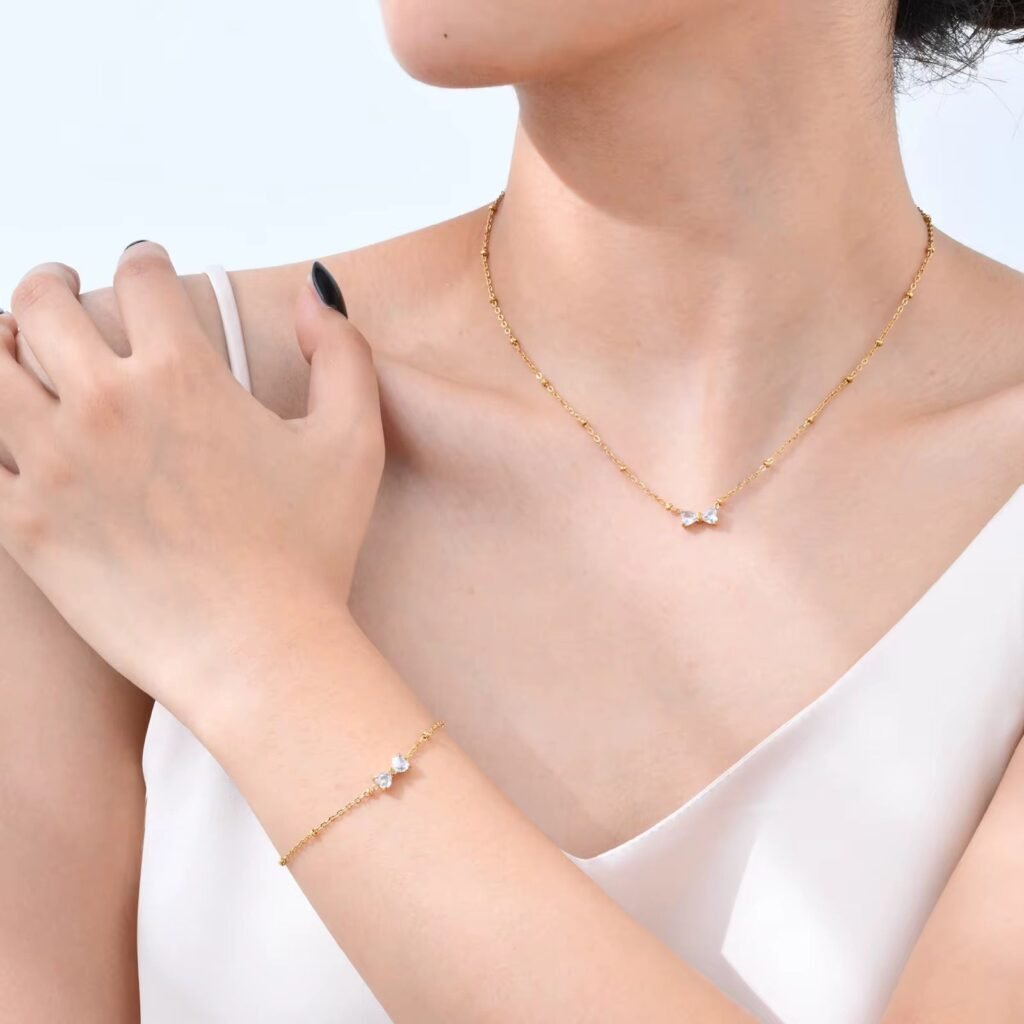 18K Gold Plated Bow & Bead Station Necklace