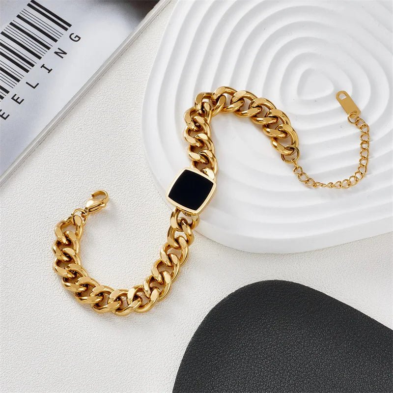 Black Stone Studded Heavy Cuben Gold Plated Chained Bracelet - Image 3