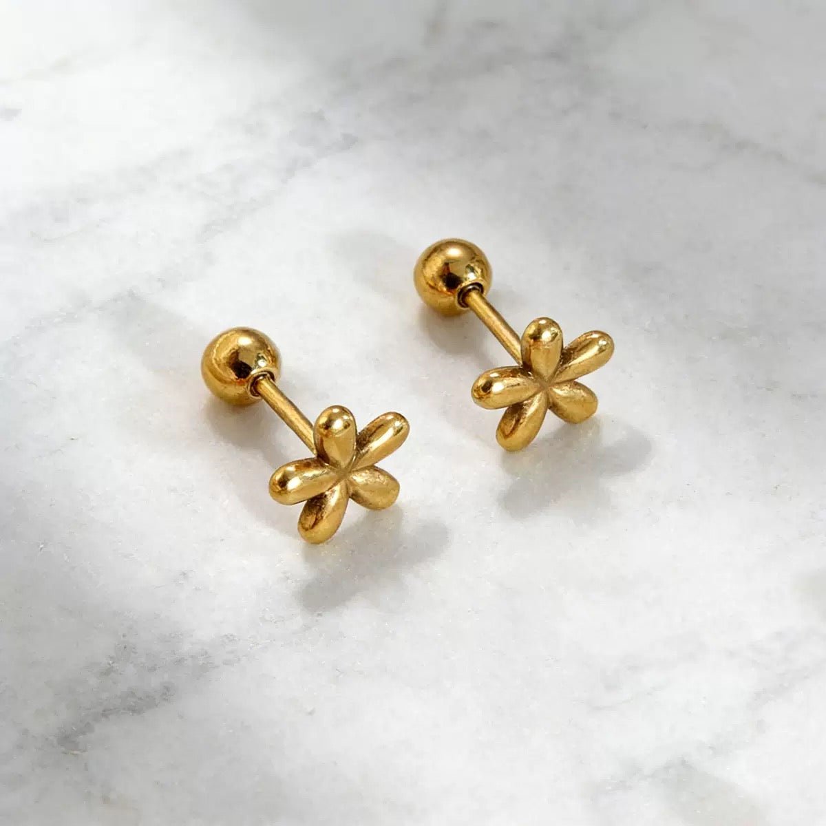 Gleaming Five-Petal Flower Gold Stud Earrings - Image 4