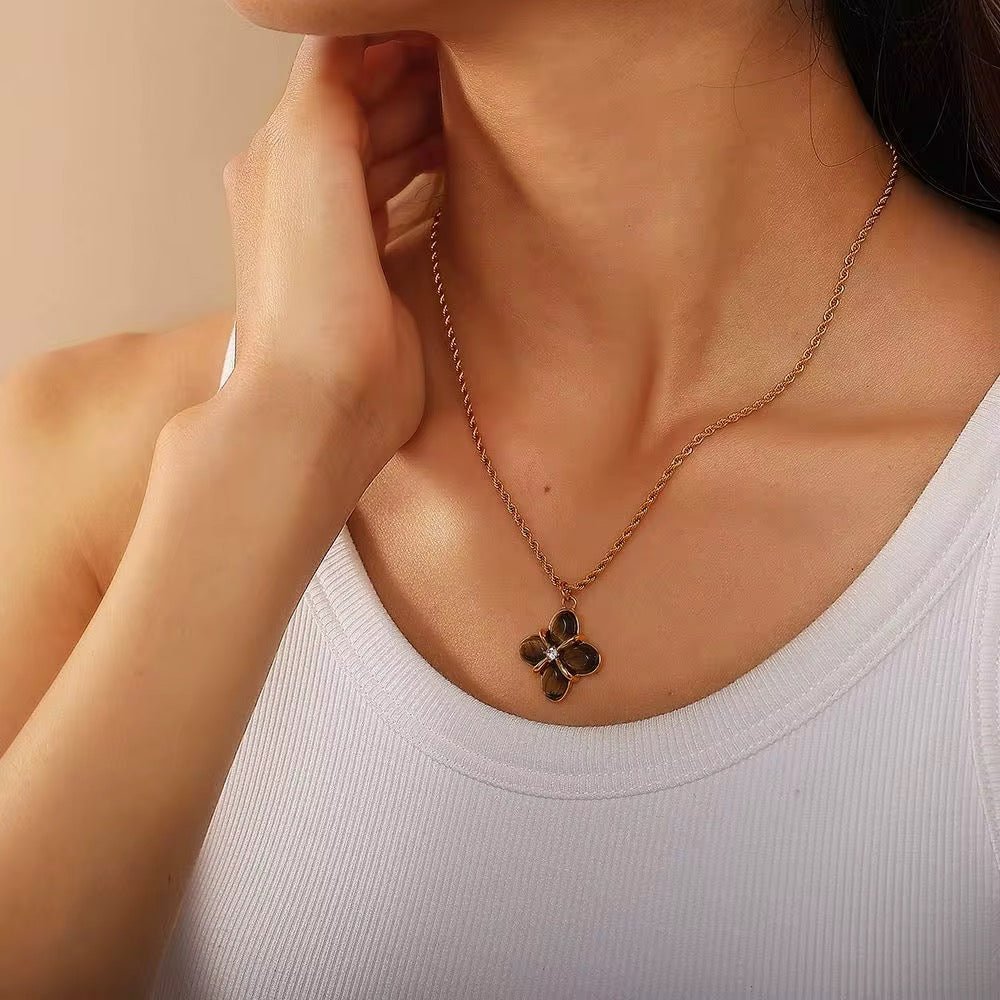 Gold Tone Brown Flower Pendant Necklace - Image 2
