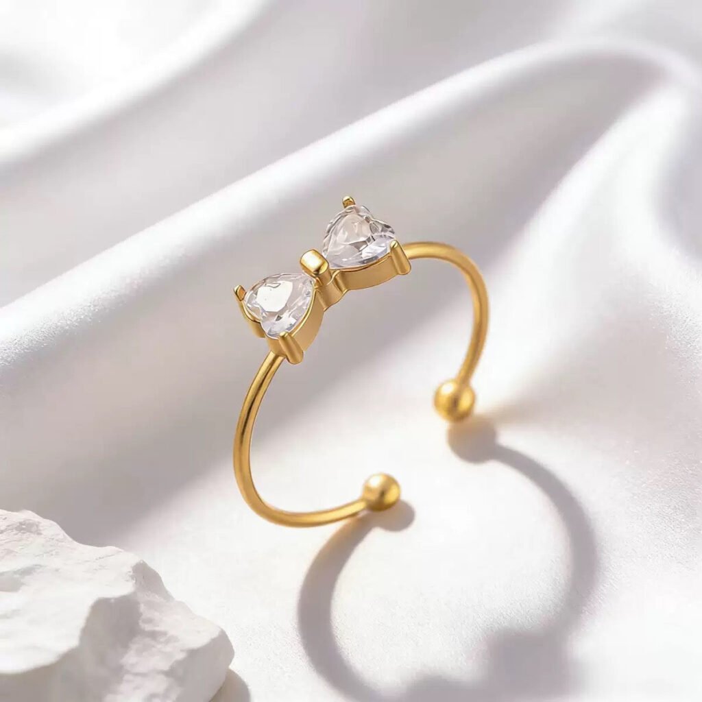 Gold Plated Crystal Bow Adjustable Ring