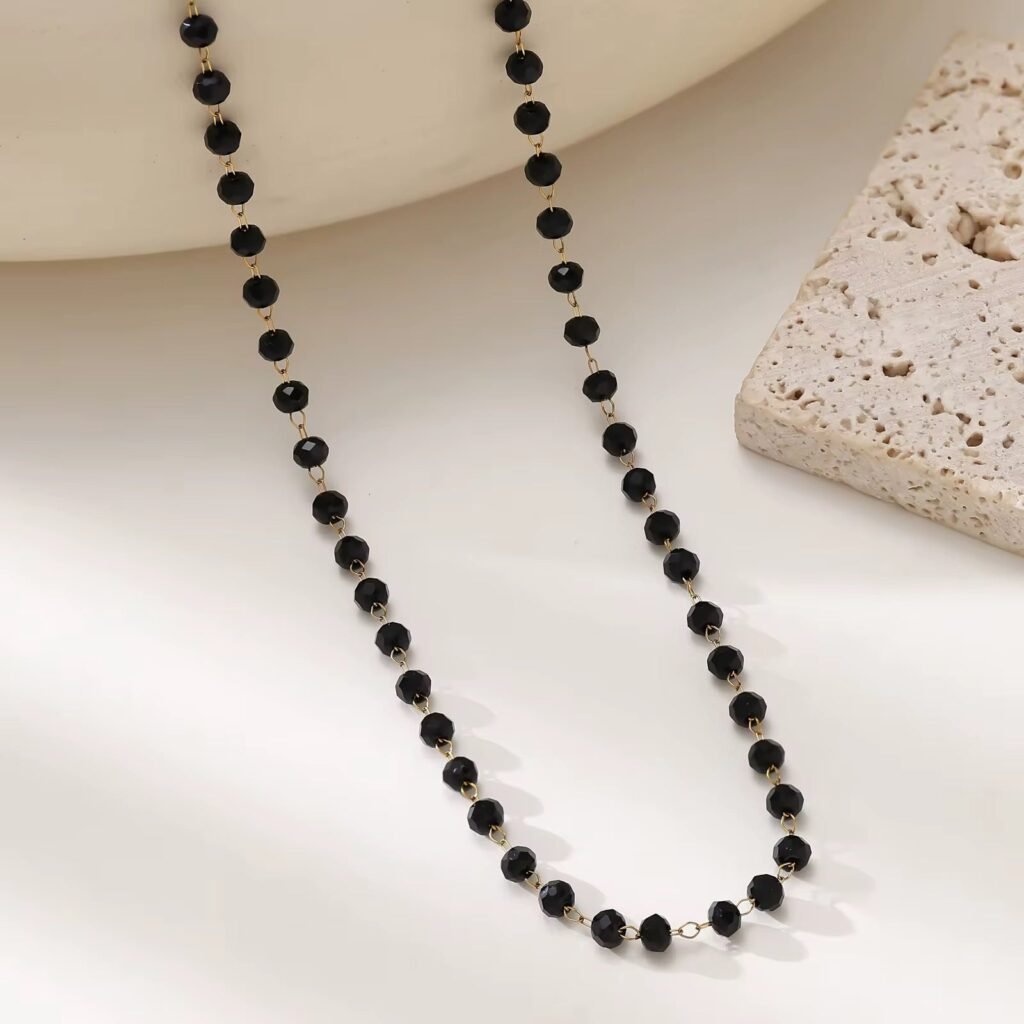 18K Gold Plated Black Faceted Bead Necklace