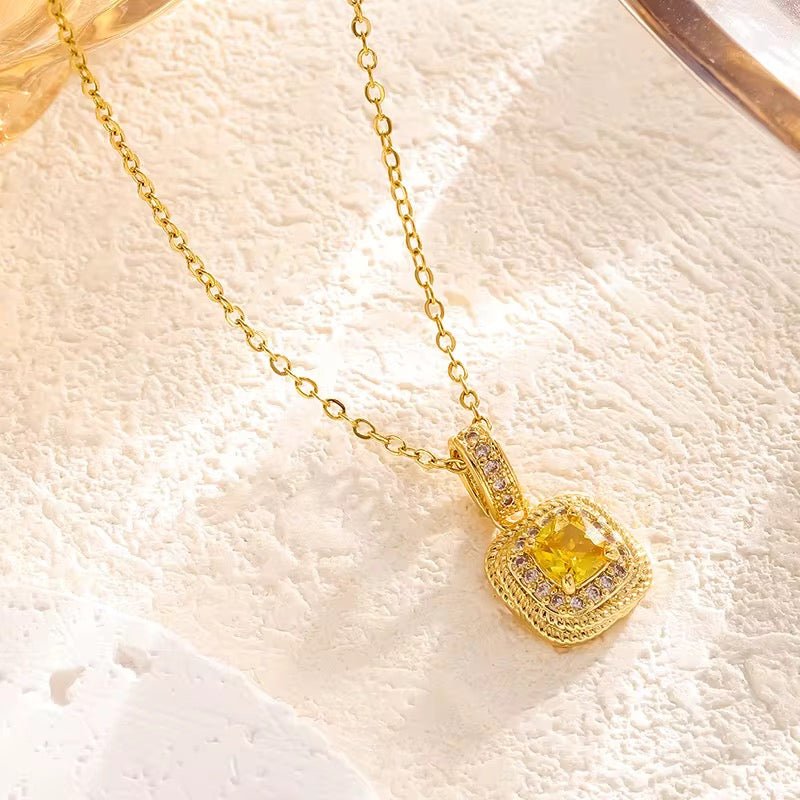 Vintage Cushion-Cut Yellow Crystal Halo Necklace - Image 3