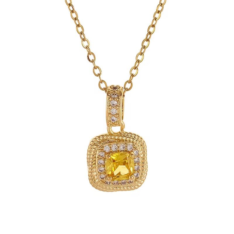 Vintage Cushion-Cut Yellow Crystal Halo Necklace - Image 2