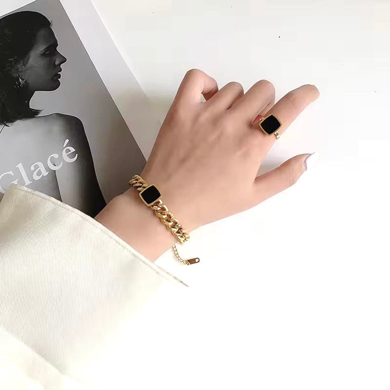 Classic Square Black Stone Adjustable Gold Plated Ring - Image 2