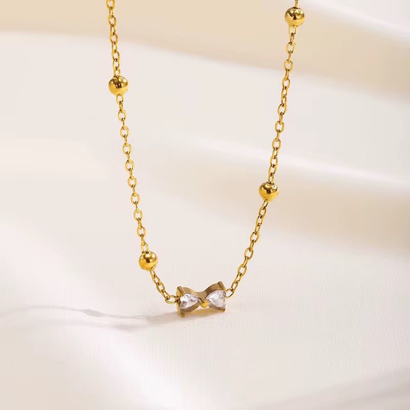 18K Gold Plated Bow & Bead Station Necklace - Image 3
