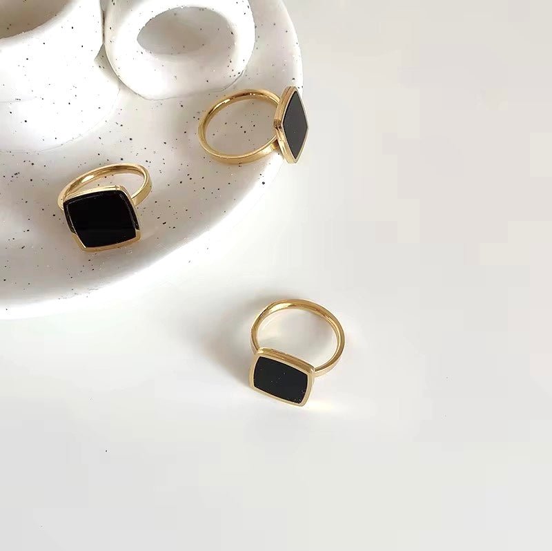 Classic Square Black Stone Adjustable Gold Plated Ring - Image 3