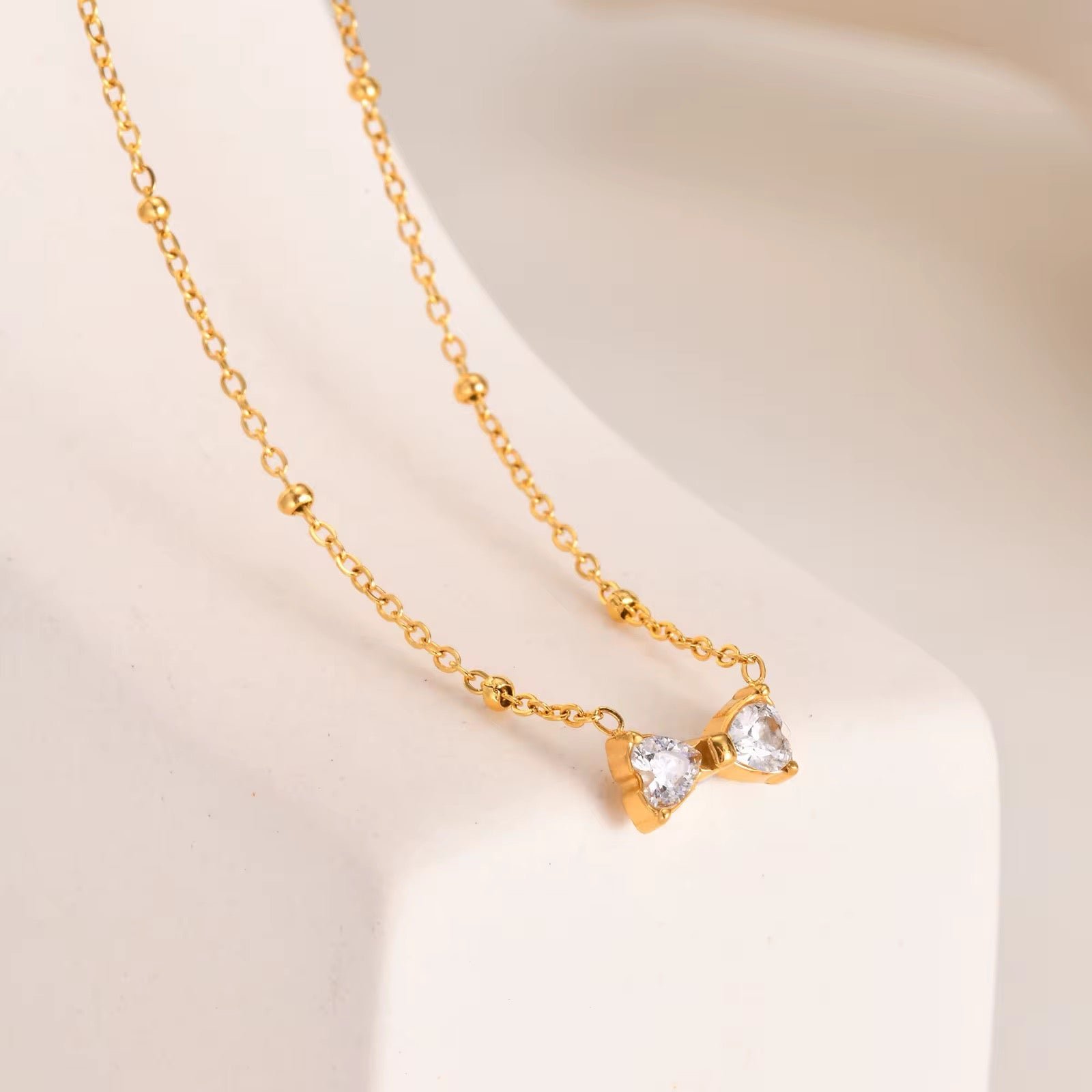 18K Gold Plated Bow & Bead Station Necklace - Image 2