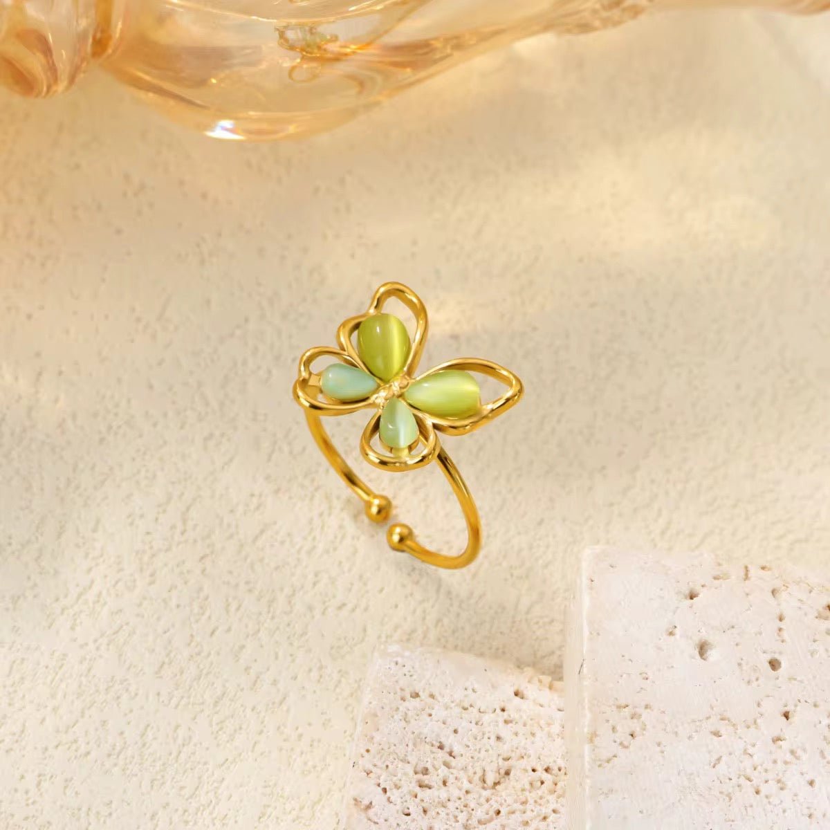 18K Gold Plated Green Butterfly Adjustable Ring - Image 2