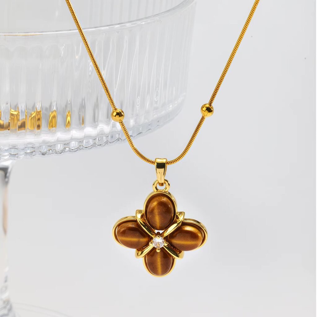 Gold Tone Brown Flower Pendant Necklace