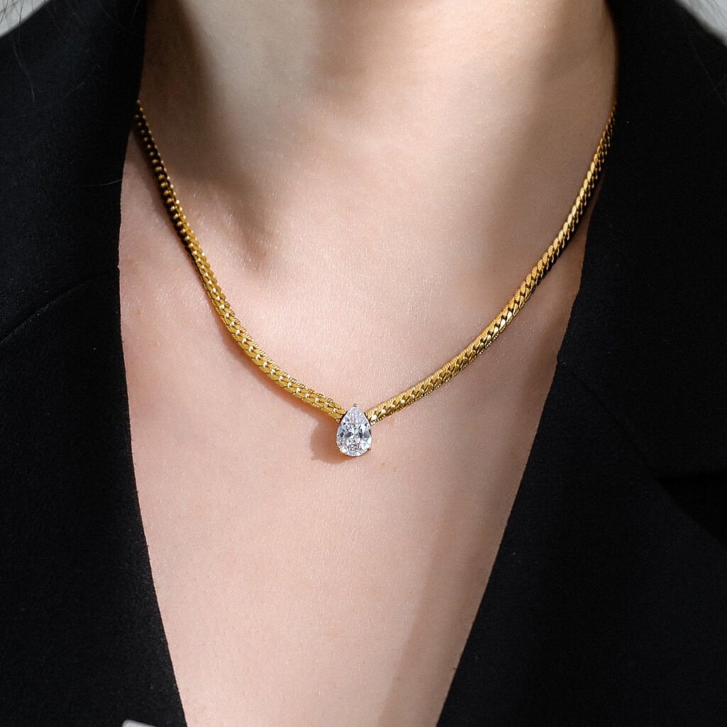 Luxury Gold Plated Chain Necklace with Pear Cut Crystal