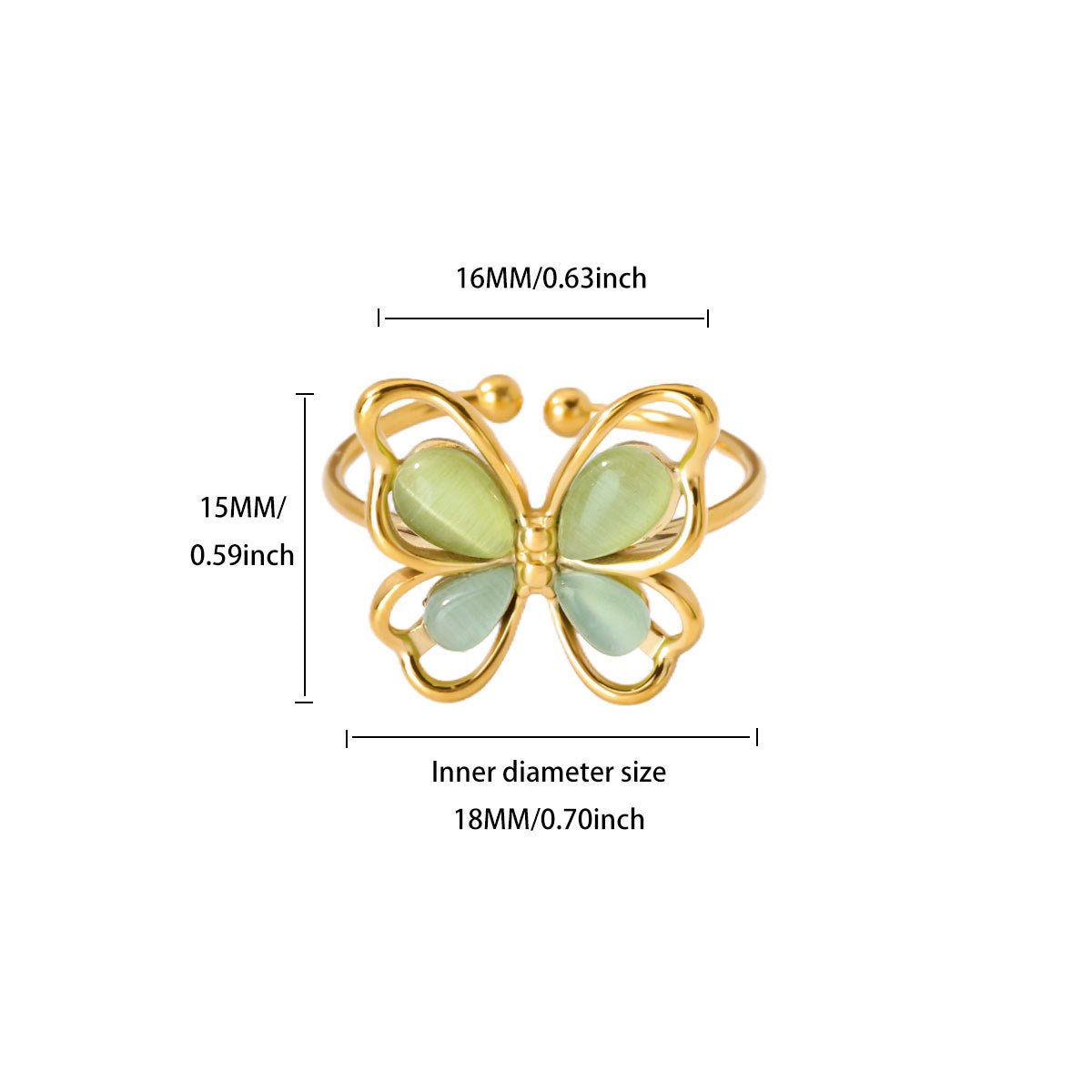 18K Gold Plated Green Butterfly Adjustable Ring - Image 4