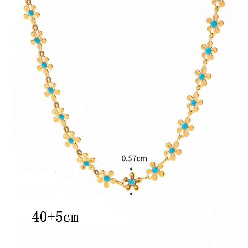 Stainless Steel Gold Flower Necklace with Light Blue Enamel - Image 2