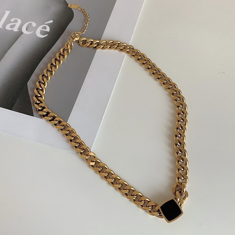 Black Stone Studded Heavy Cuben Gold Plated Chained Necklace - Image 3