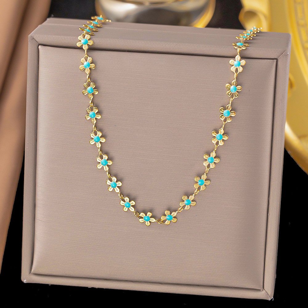 Stainless Steel Gold Flower Necklace with Light Blue Enamel - Image 3