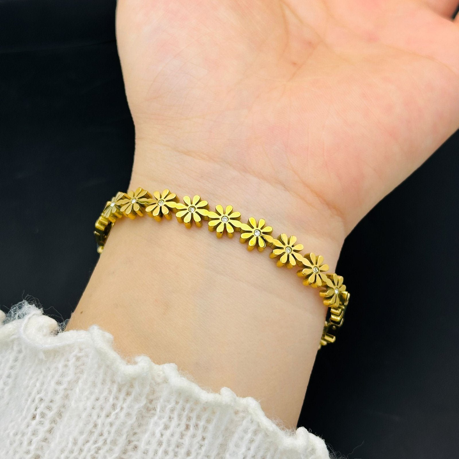Gold Plated Daisy Flower Bangle with Cubic Zirconia - Image 2