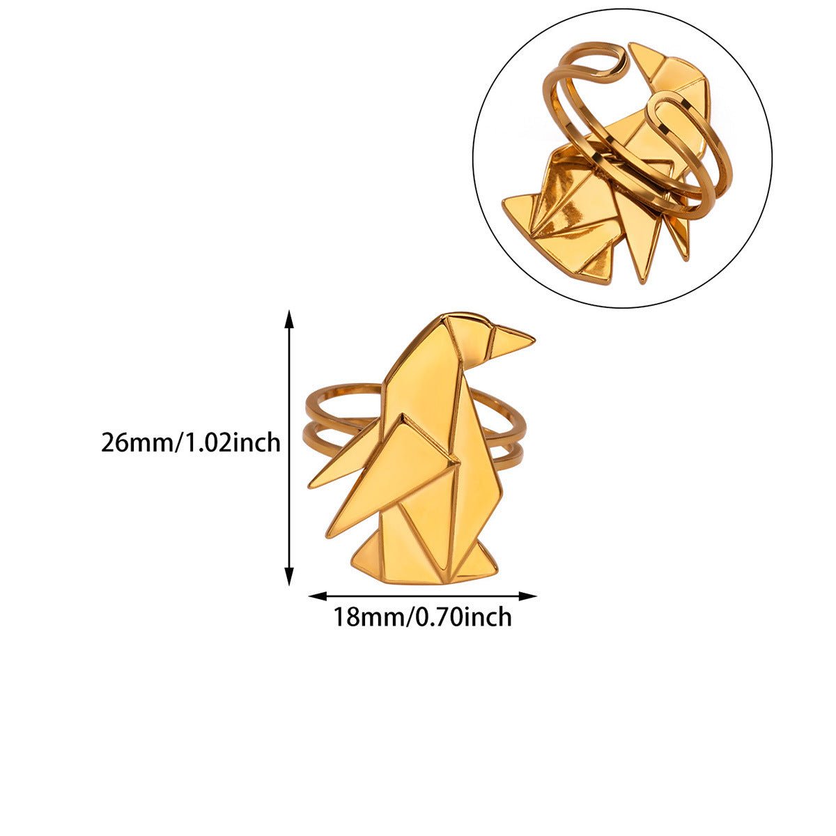 18K Gold Plated Origami Penguin Adjustable Ring - Image 3