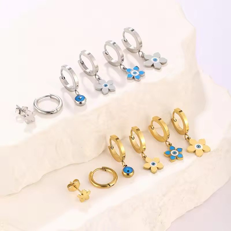 Set of 6 Assorted Gold Plated Earrings with Evil Eye Charms - Image 2