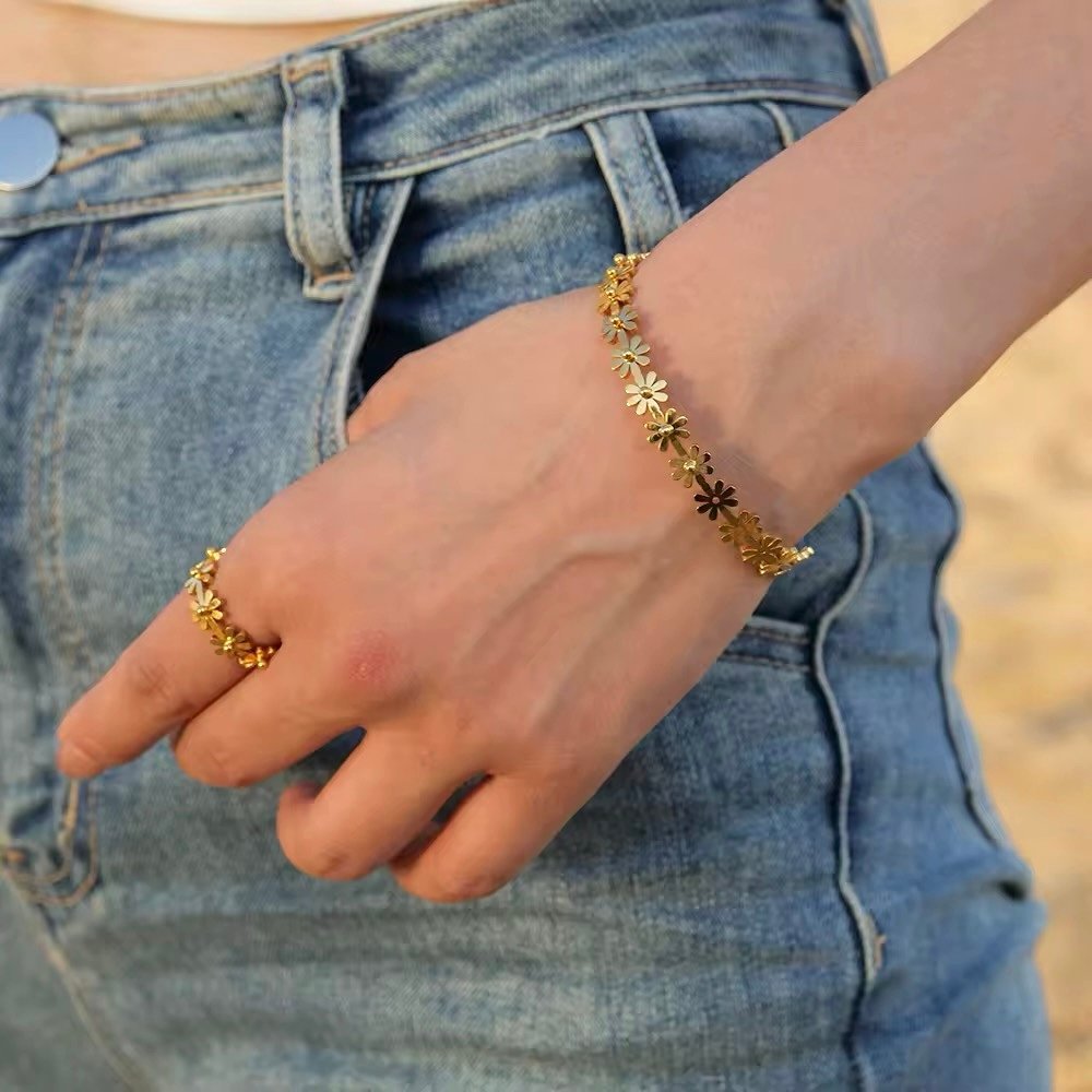 Gold Plated Daisy Flower Bangle with Cubic Zirconia - Image 3
