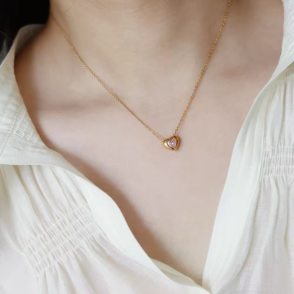 Gold-Plated Heart Pendant Necklace with Pink Stone